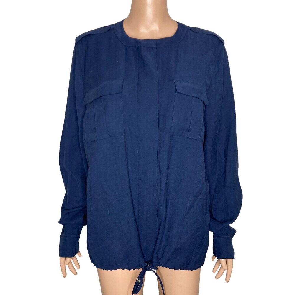 J Jill Jacket Womens Large Blue Zip Front Pockets Linen Blend Drawstrings